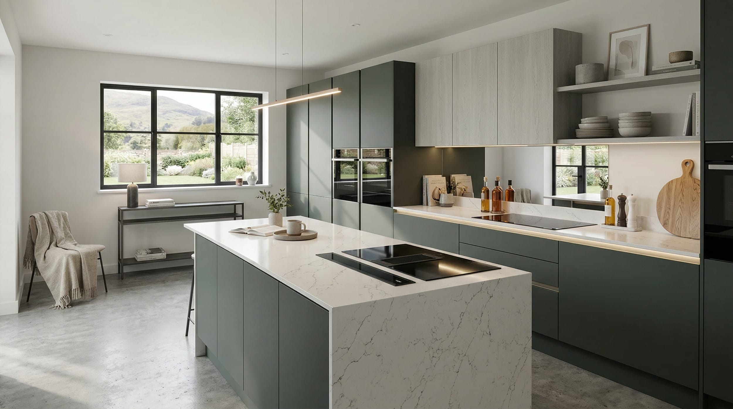 matte green kitchen units with white marble island and black framed windows