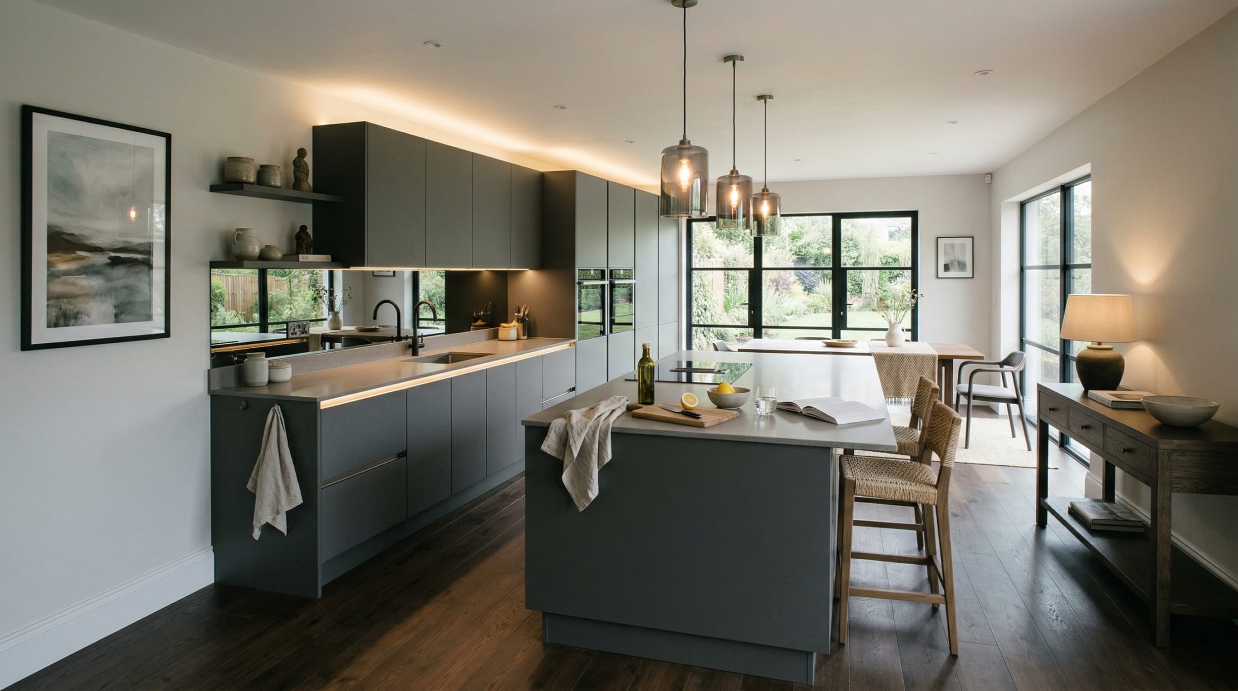 Mastercraft bespoke kitchen design, wide architectural view showing room volume and design quality