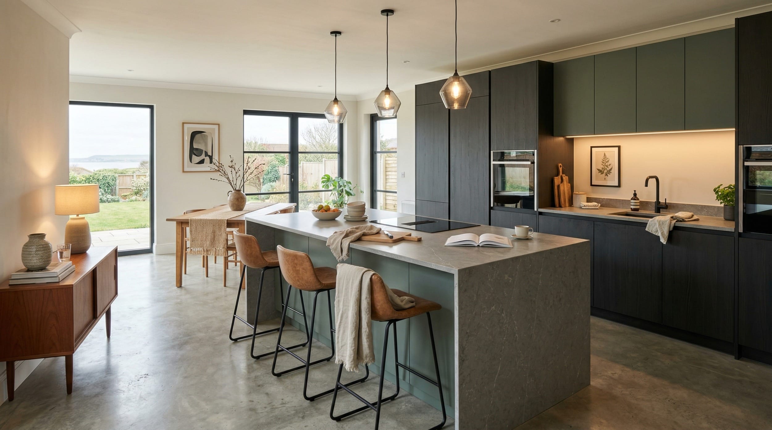 modern kitchen with dark cabinets, marble island, pendant lights and large windows
