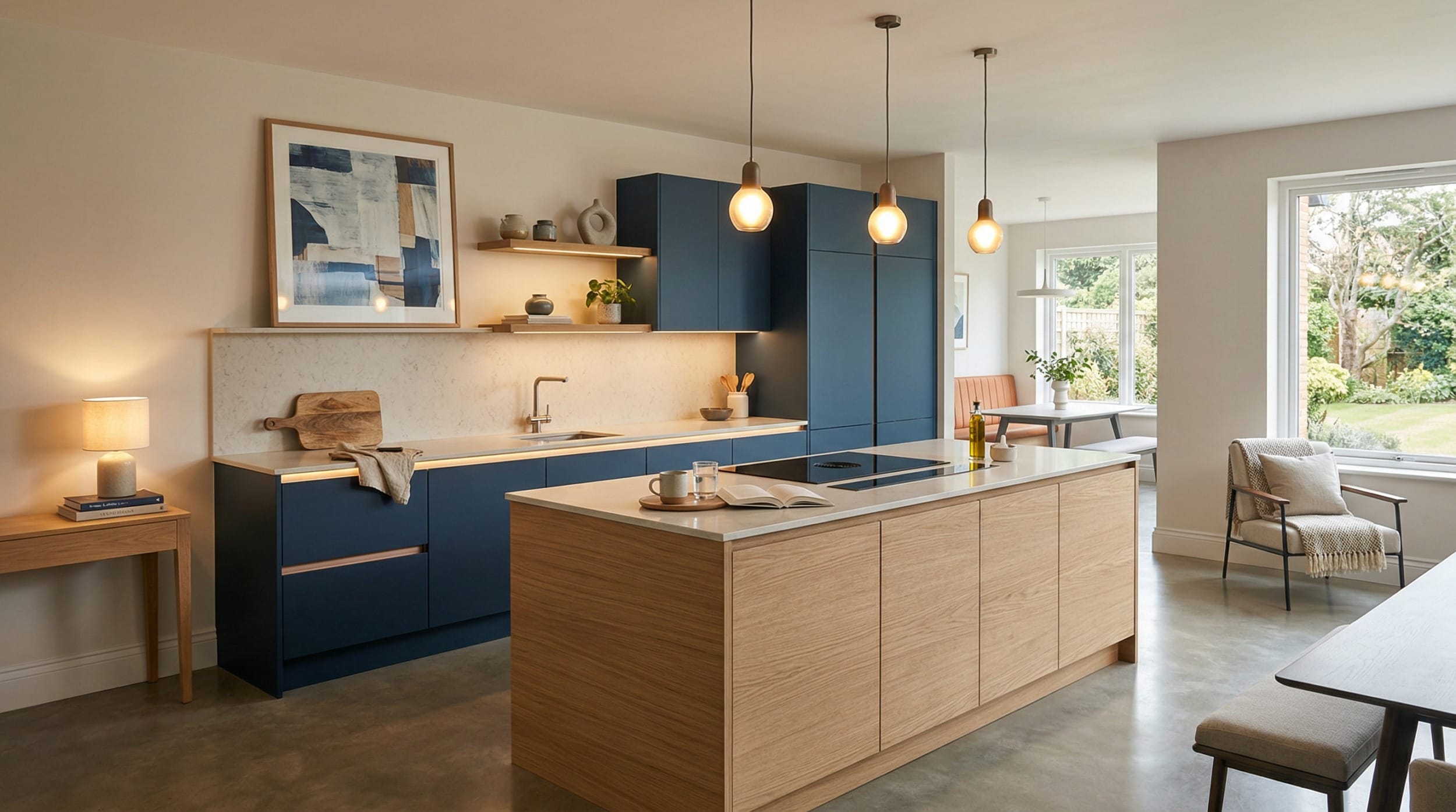 Mastercraft bespoke kitchen design, wide architectural view showing room volume and design quality