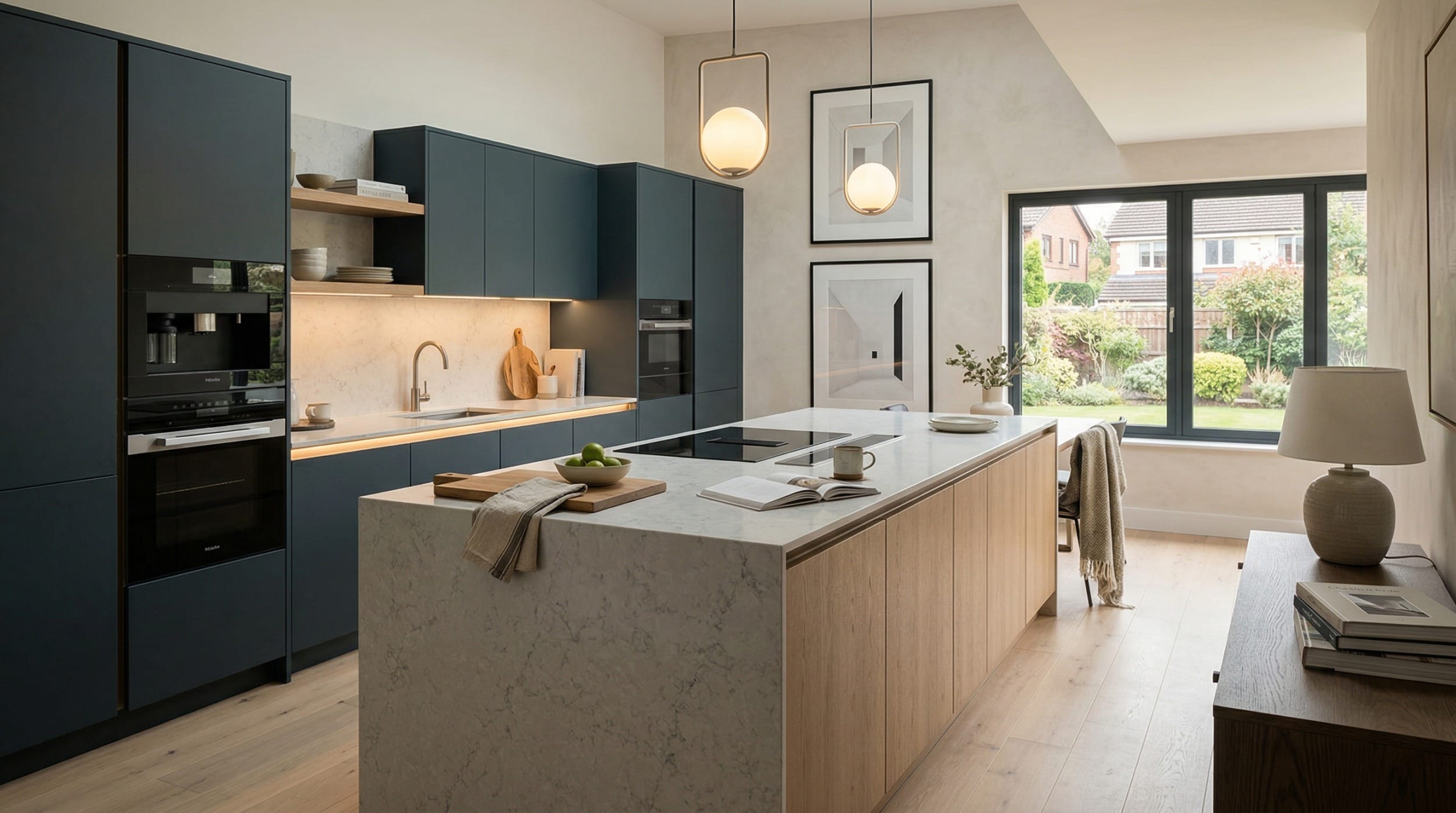 Modern kitchen with dark blue cabinets, marble island and large garden window
