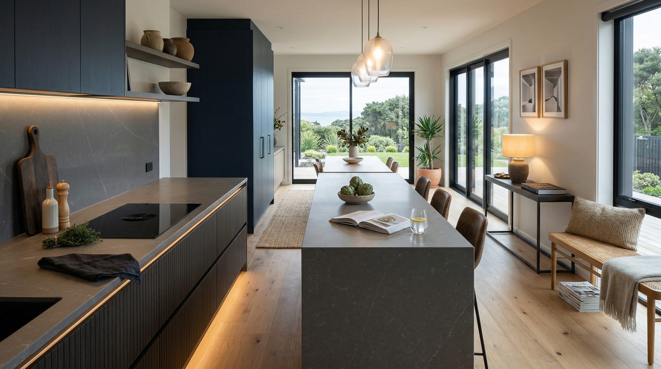 hero2_1200x675-478 modern kitchen with dark cabinets, marble worktops, pendant lights and large windows