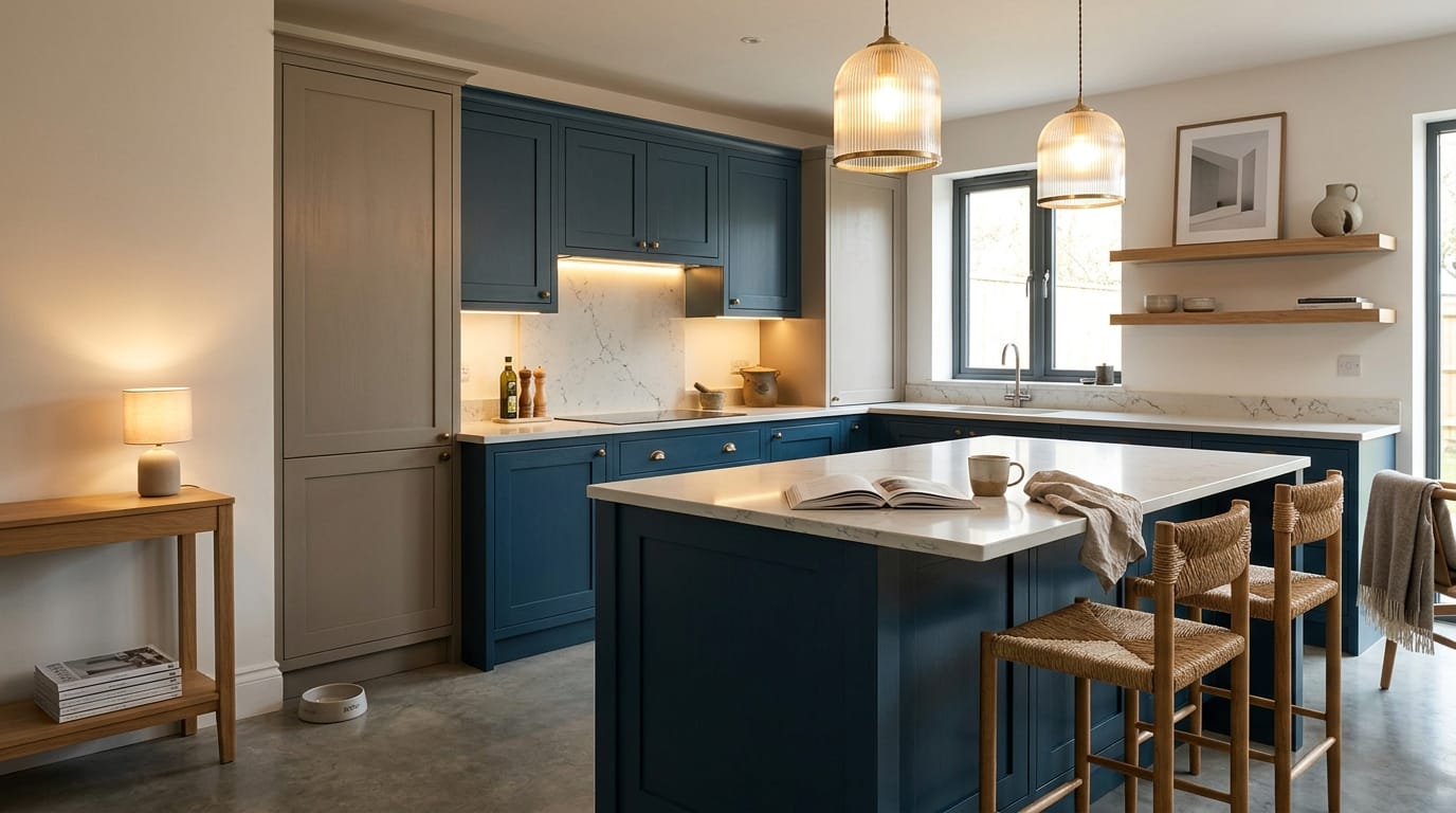 Mastercraft bespoke kitchen in Stockbridge, wide architectural view showing room volume and design quality