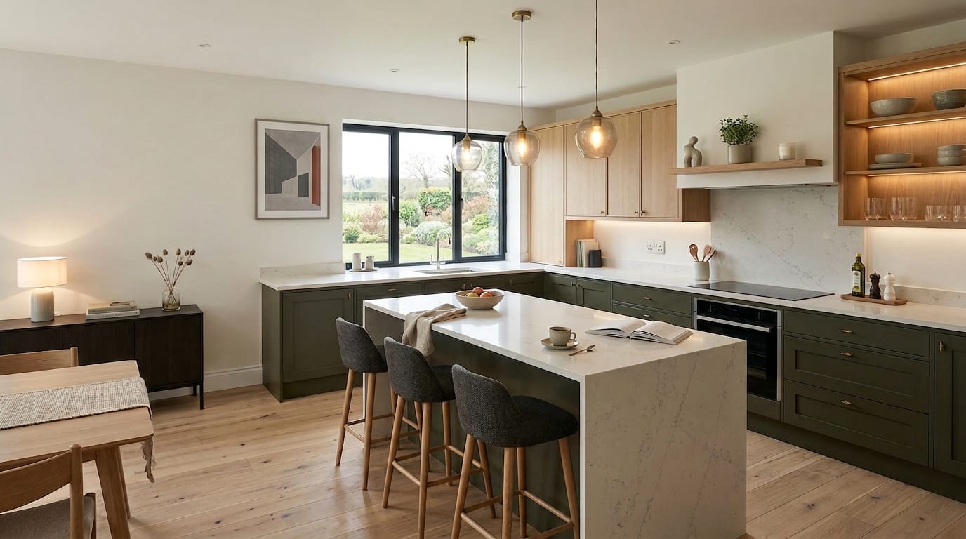 hero2_1200x675-480 Modern kitchen with green lower units, light wood accents, marble worktops, pendant lights