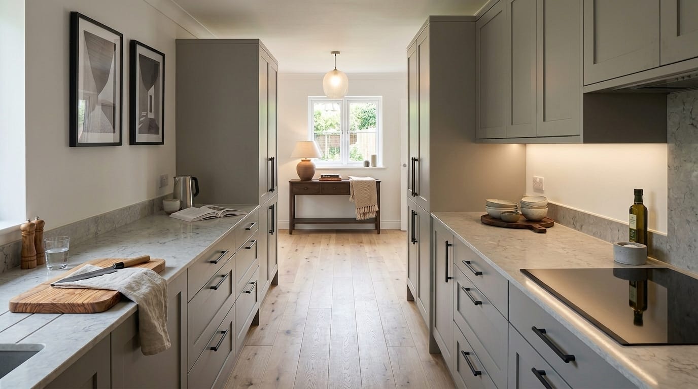 hero2_1200x675-481 light grey kitchen with marble worktops and pale wooden flooring