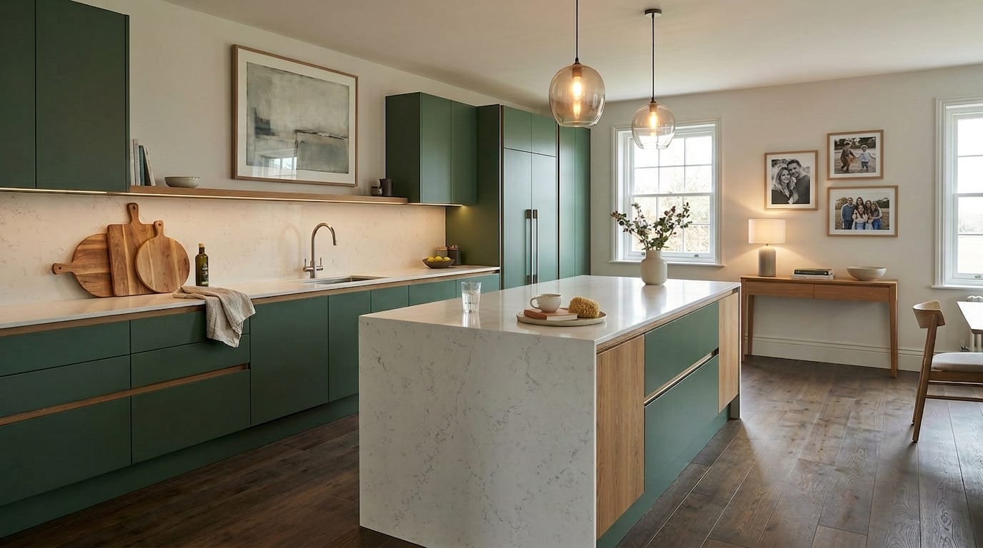 Mastercraft bespoke kitchen in Peterborough, wide architectural view showing room volume and design quality