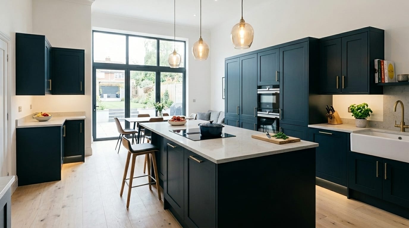 Mastercraft bespoke kitchen in Scunthorpe, wide architectural view showing room volume and design quality