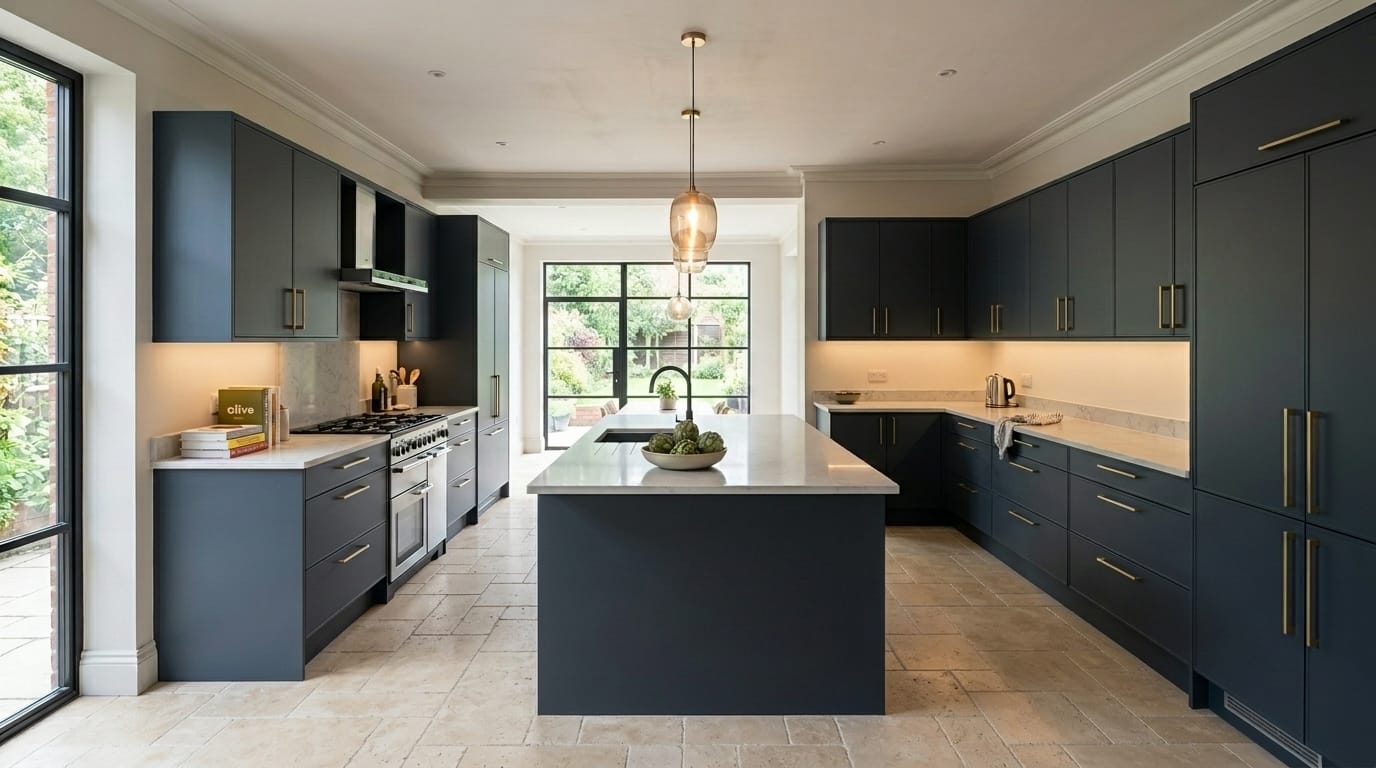 matte navy kitchen units with gold handles and central marble island