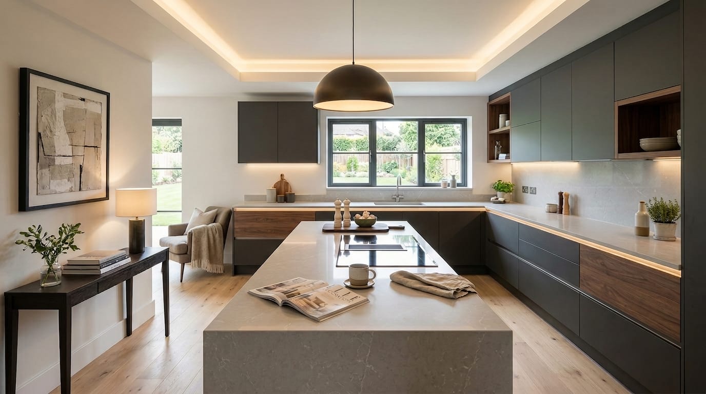 Modern kitchen with dark matte cabinets, wood accents and large marble island