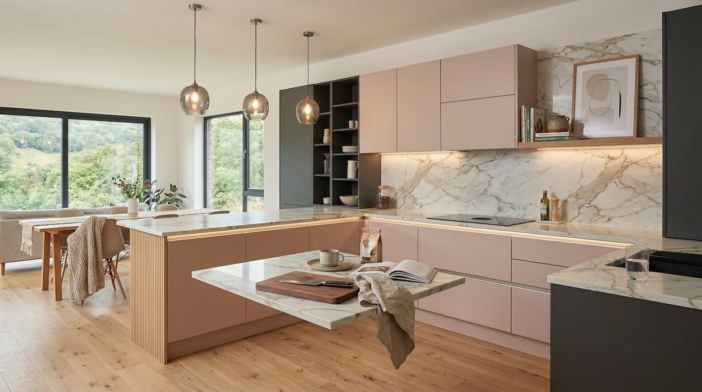 Modern Mastercraft kitchen with blush cabinets, marble surfaces, and open shelving