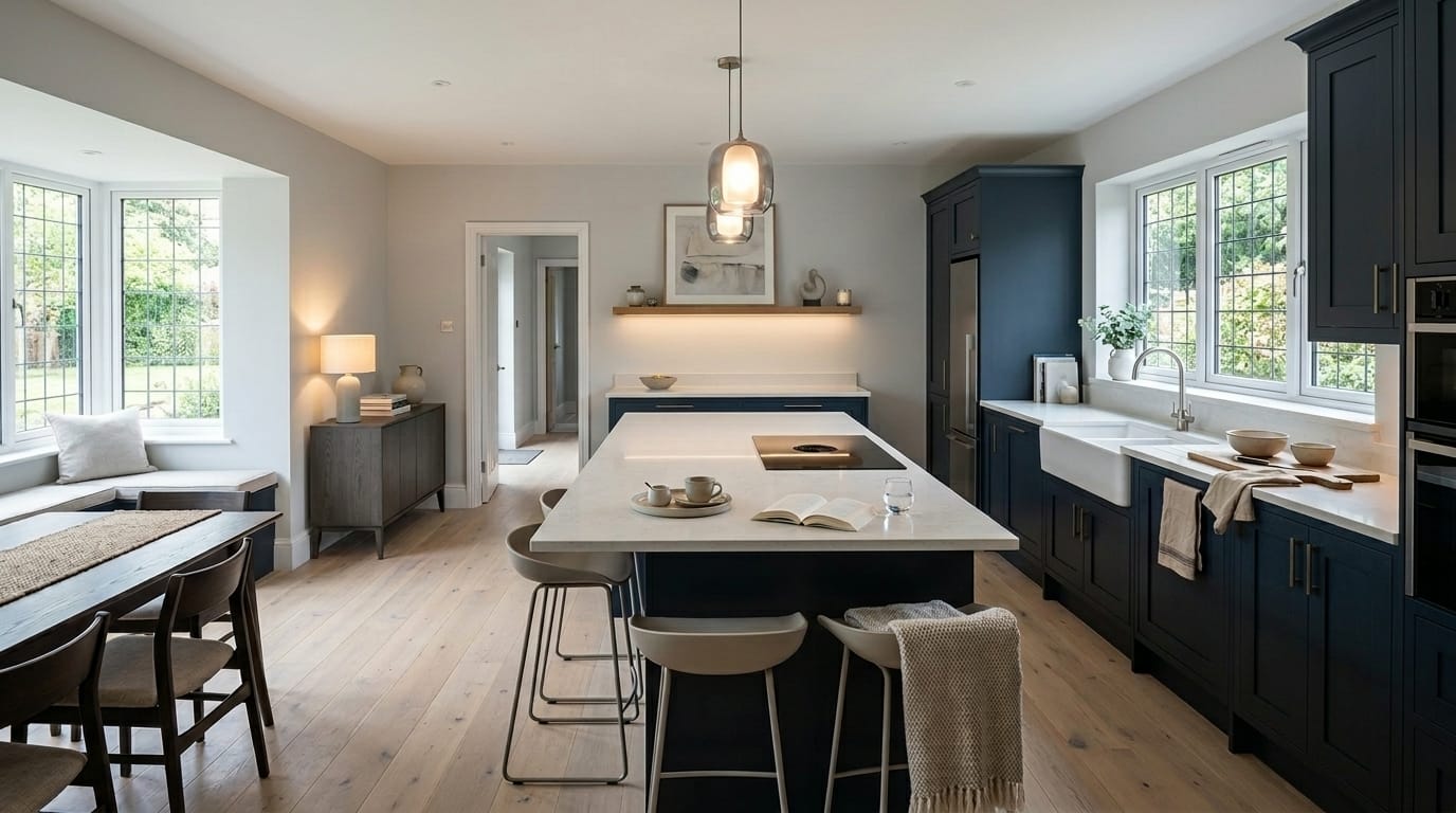 Mastercraft bespoke kitchen in Abingdon-on-Thames, wide architectural view showing room volume and design quality