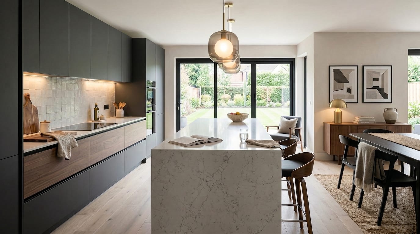 modern kitchen with marble island, dark cabinets, pendant lights and large garden doors