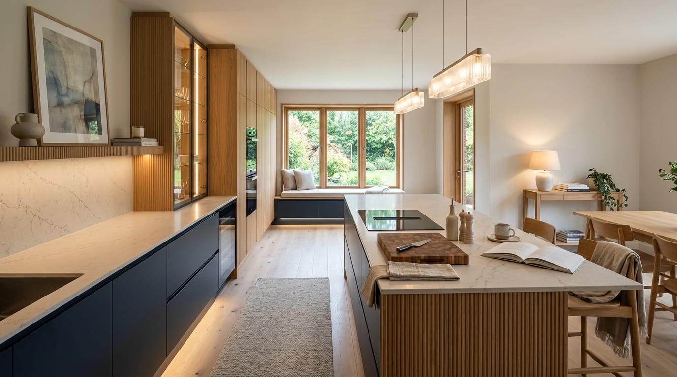 Mastercraft bespoke kitchen in Woodbridge, wide architectural view showing room volume and design quality