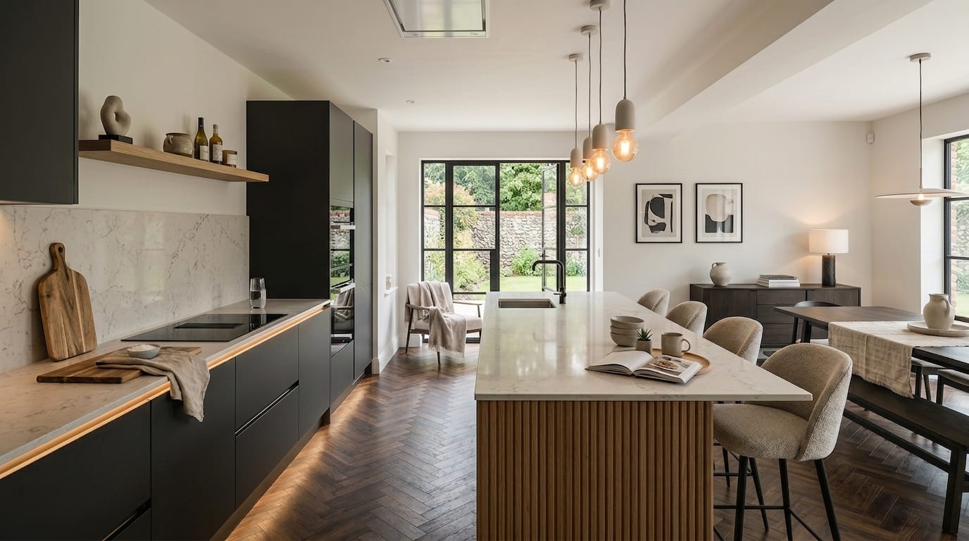 modern kitchen with marble surfaces, dark cabinets, pendant lights and large garden windows