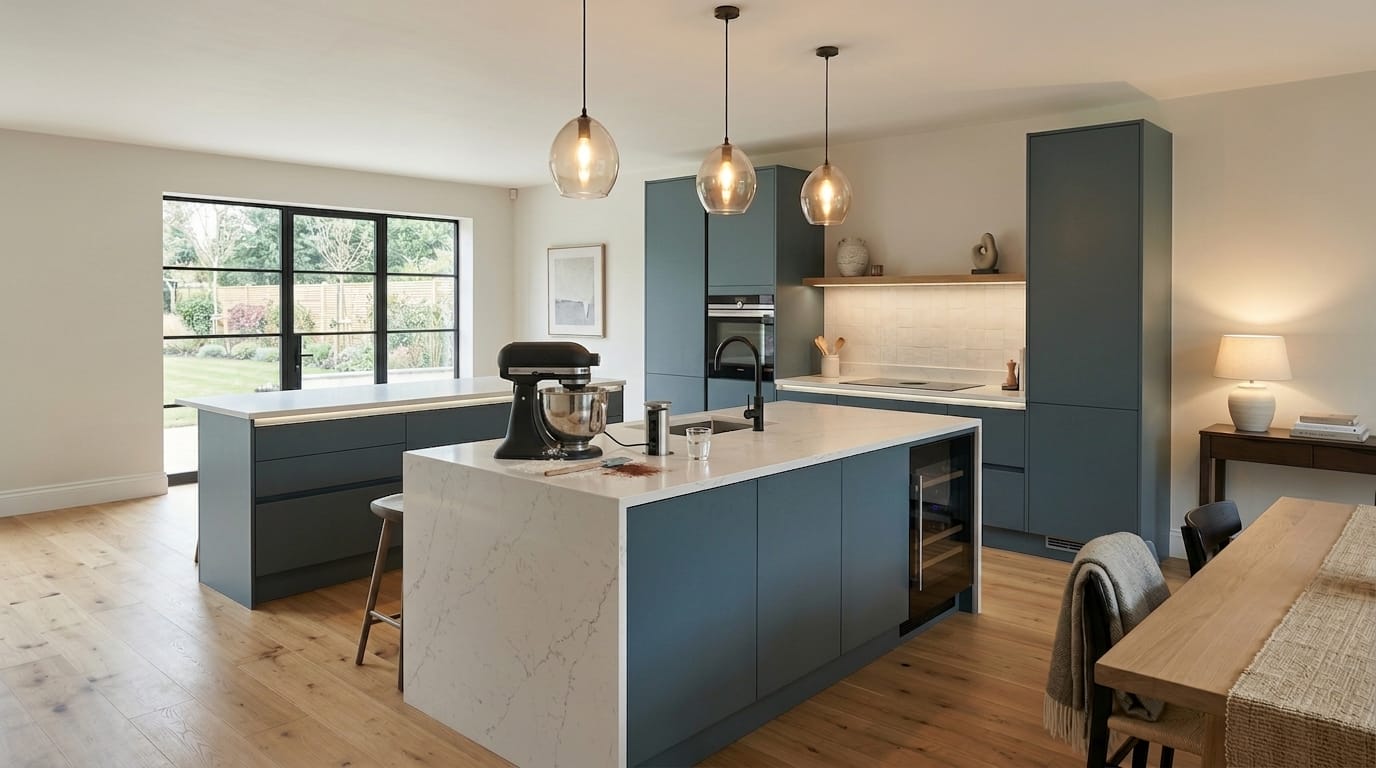 Modern kitchen with blue cabinets, marble island, pendant lights, and large black-framed window