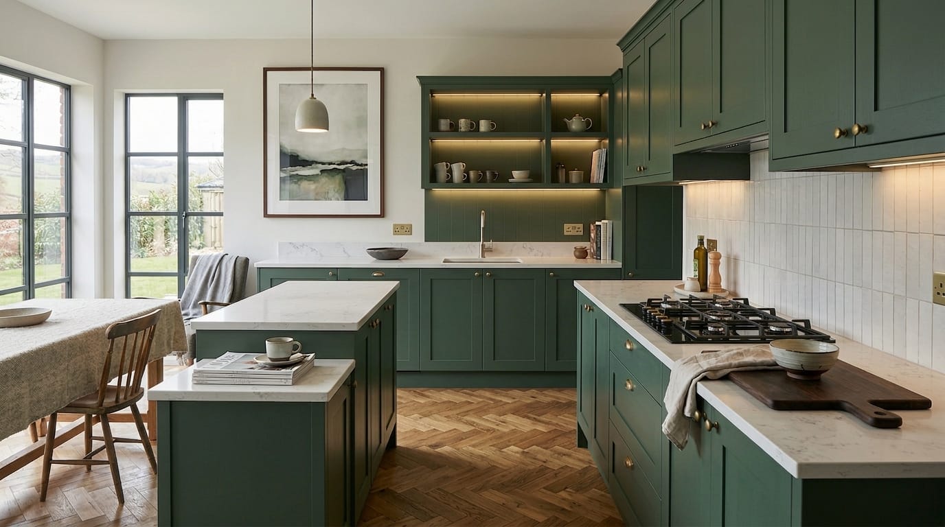 hero2_1200x675-493 sage green kitchen units with white marble worktops and parquet flooring