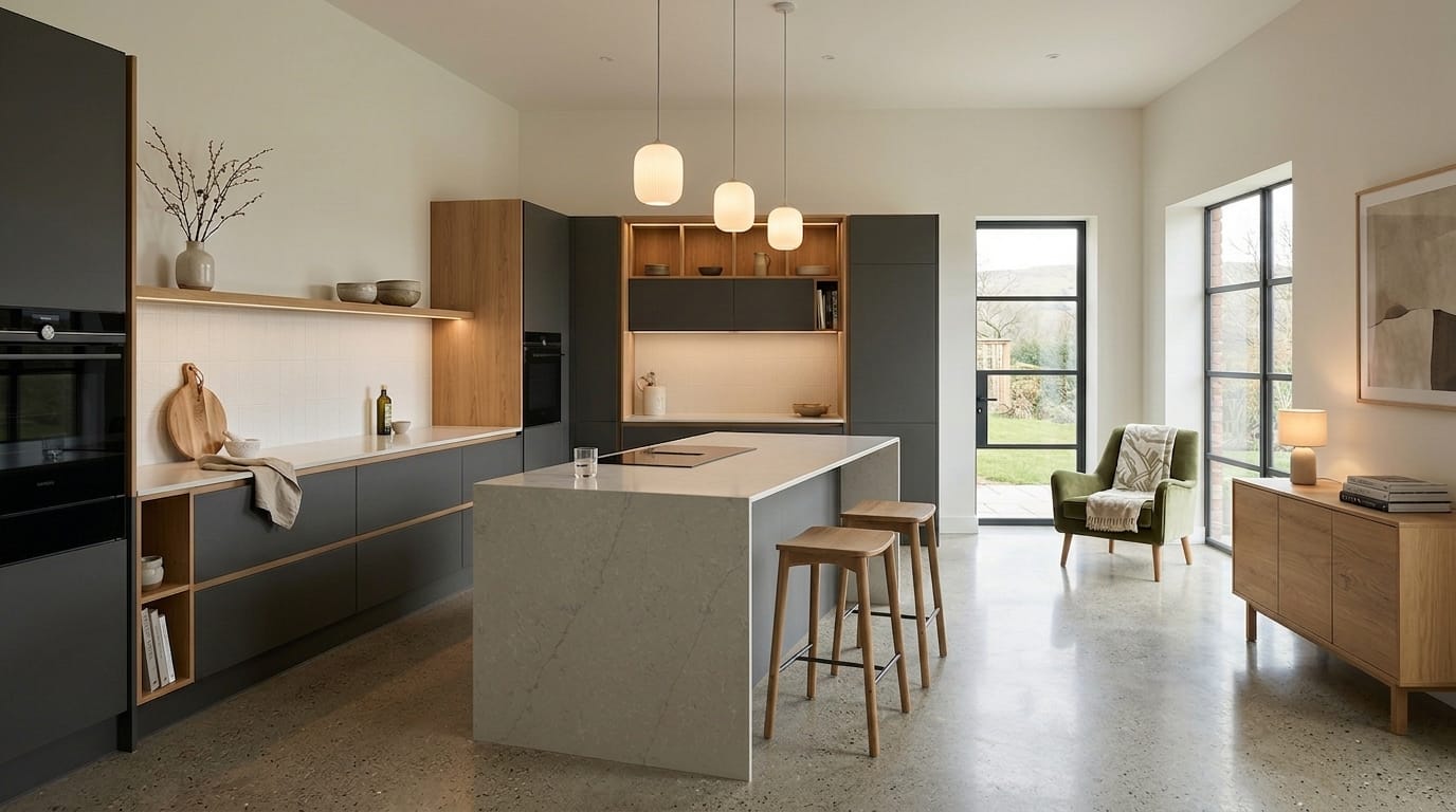 Mastercraft bespoke kitchen in Brecon, wide architectural view showing room volume and design quality