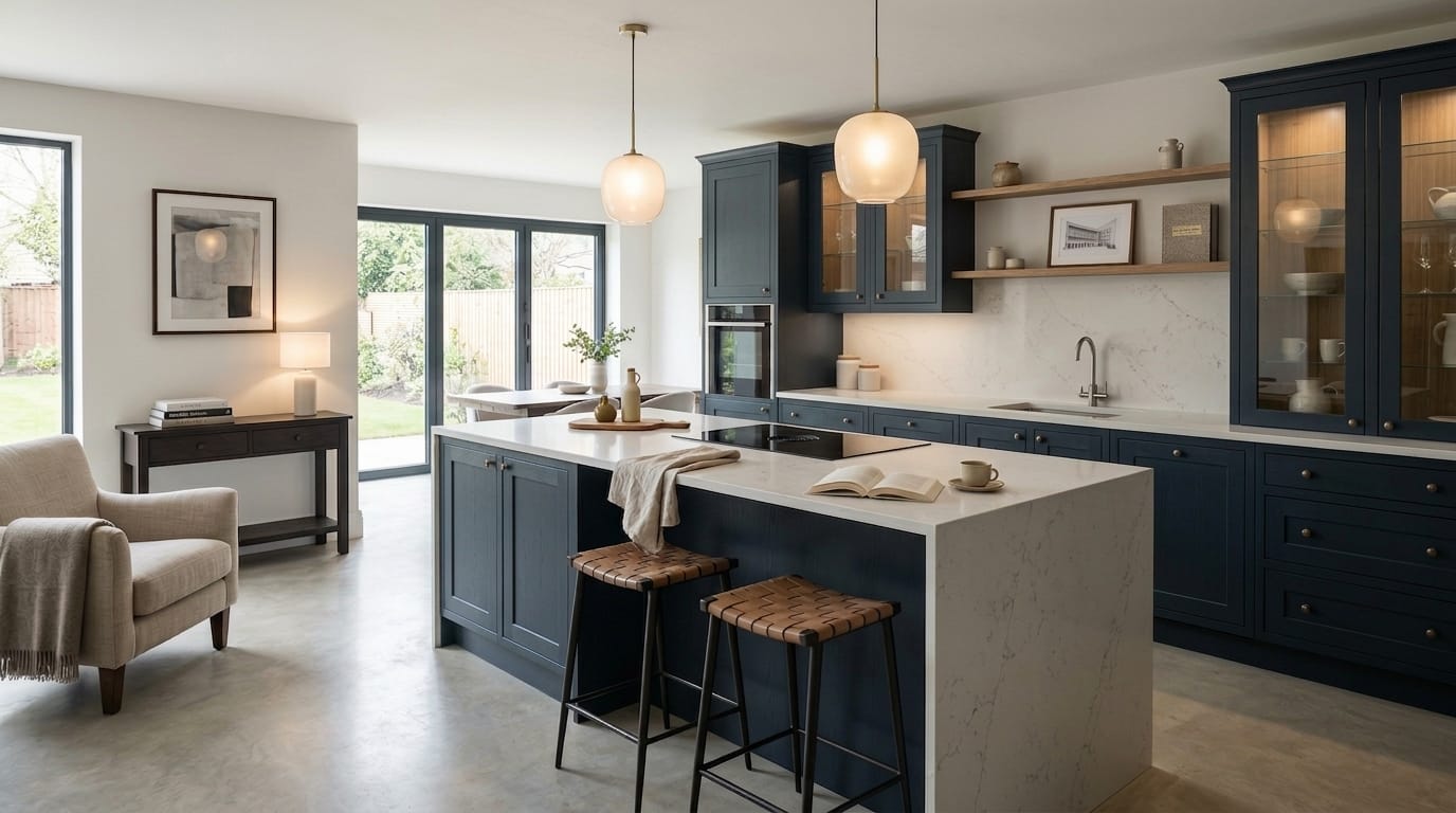 navy blue kitchen units with white marble worktops and pendant lights
