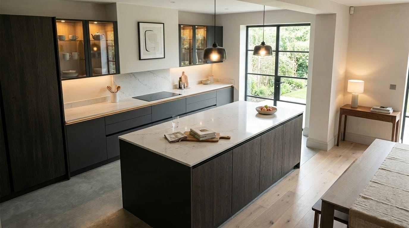 Modern kitchen with dark wood accents and marble worktops, large window feature