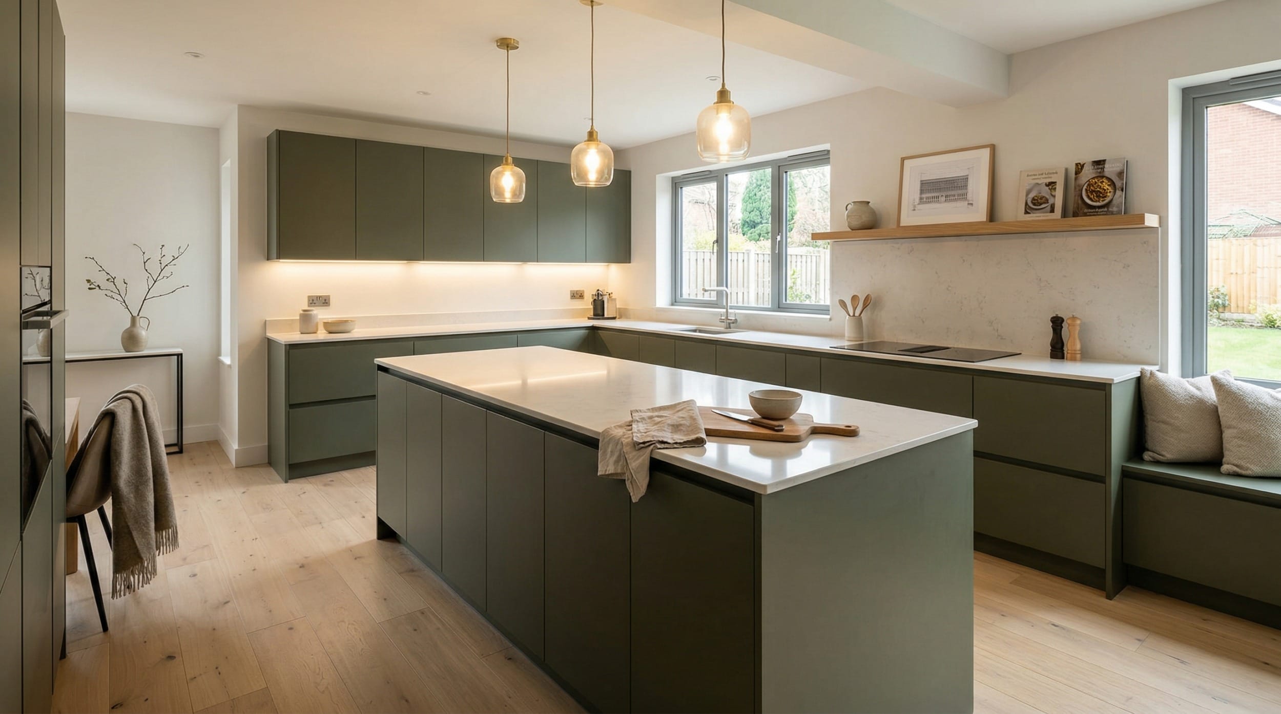 Mastercraft bespoke kitchen design, wide architectural view showing room volume and design quality