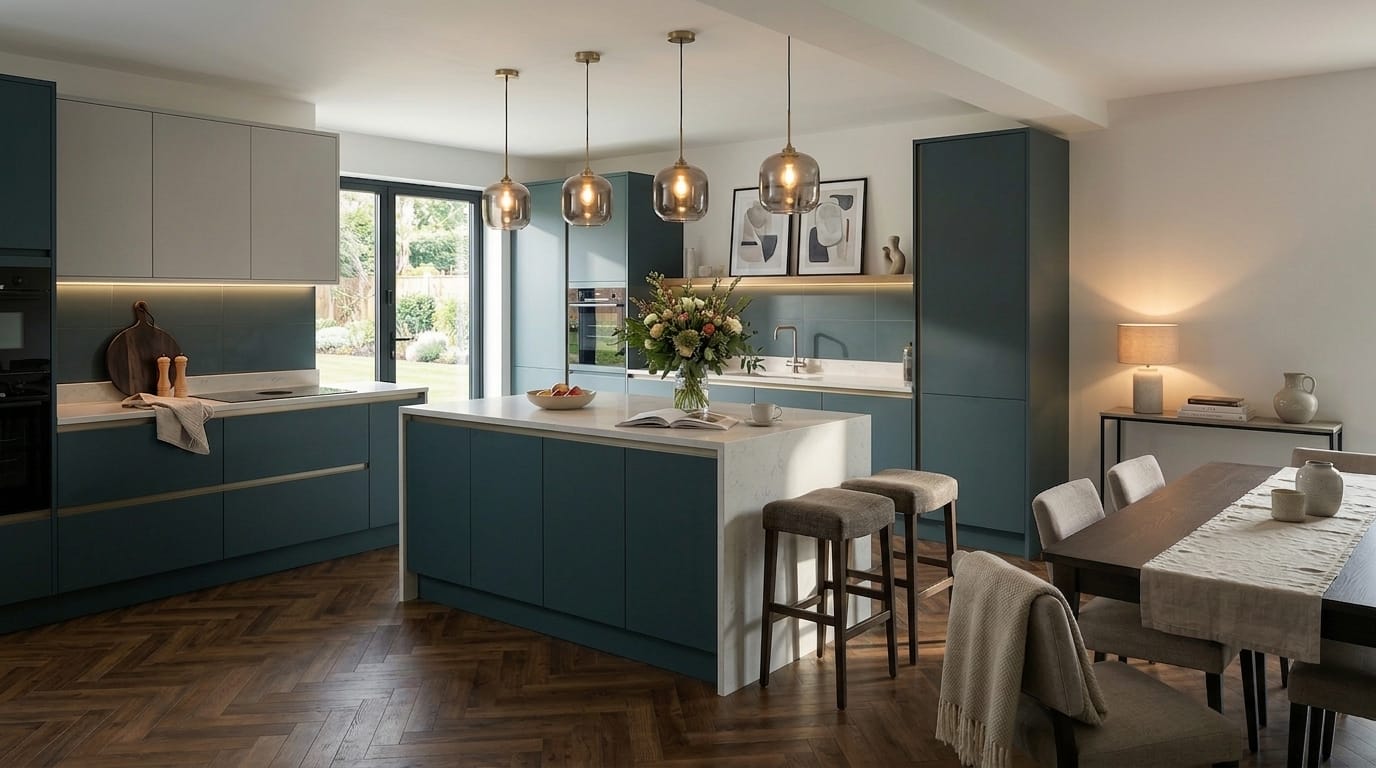 Mastercraft bespoke kitchen in Chesterfield, wide architectural view showing room volume and design quality