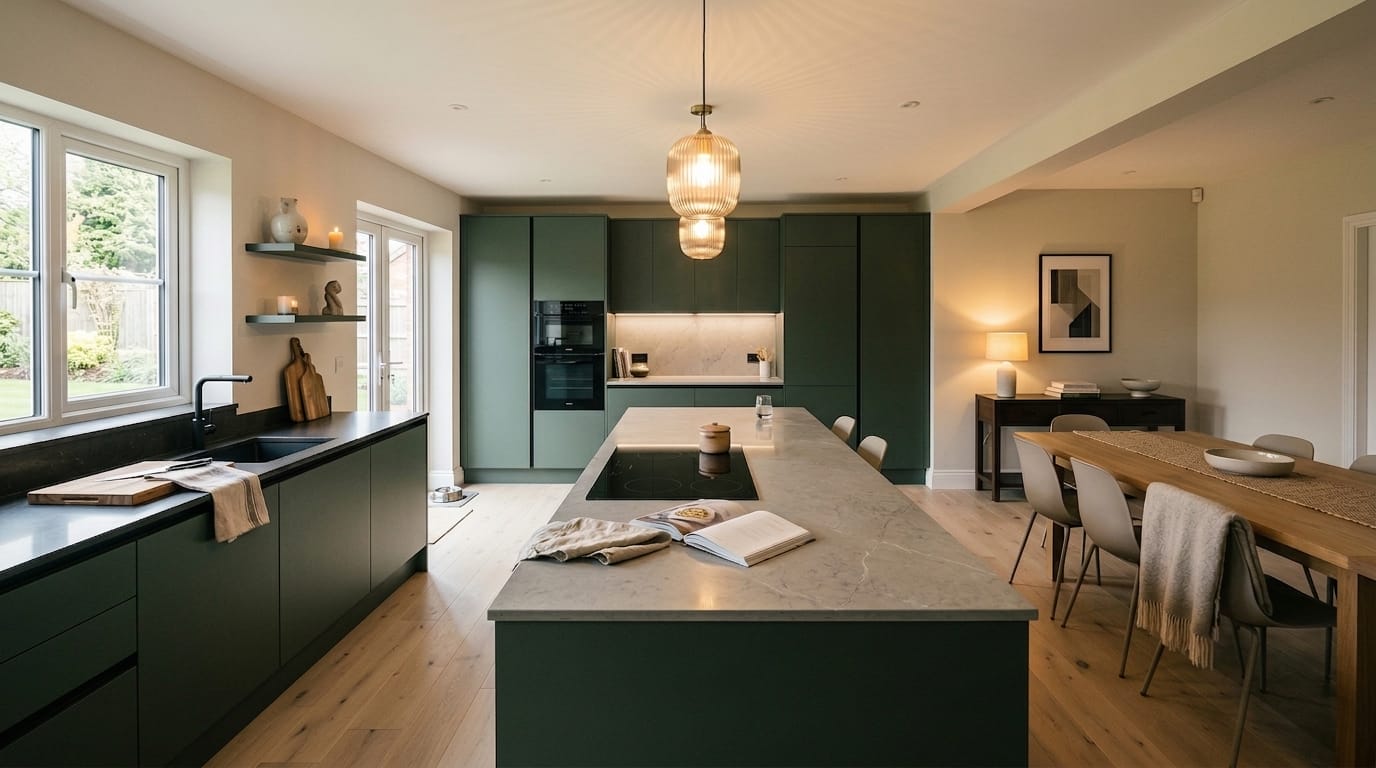 Mastercraft bespoke kitchen design, wide architectural view showing room volume and design quality