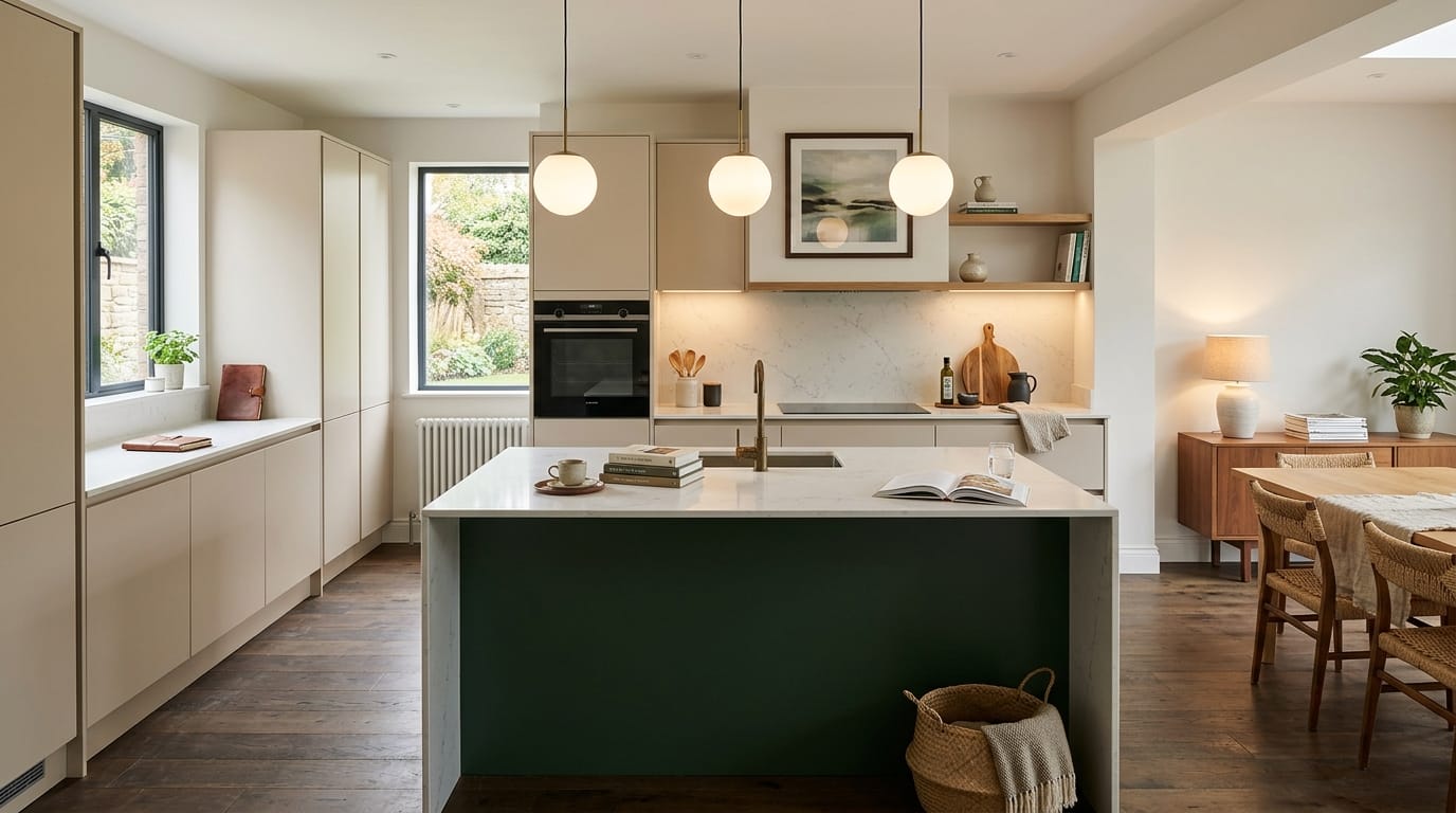 Mastercraft bespoke kitchen in Macclesfield, wide architectural view showing room volume and design quality