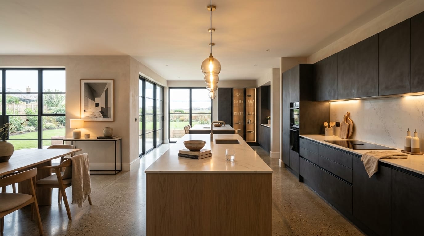 hero2_1200x675-50 Mastercraft bespoke kitchen in Aldeburgh, wide architectural view showing room volume and design quality