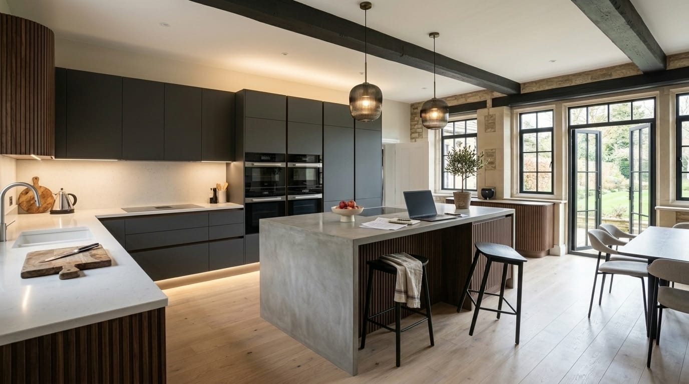 hero2_1200x675-500 Mastercraft bespoke kitchen in East Retford, wide architectural view showing room volume and design quality