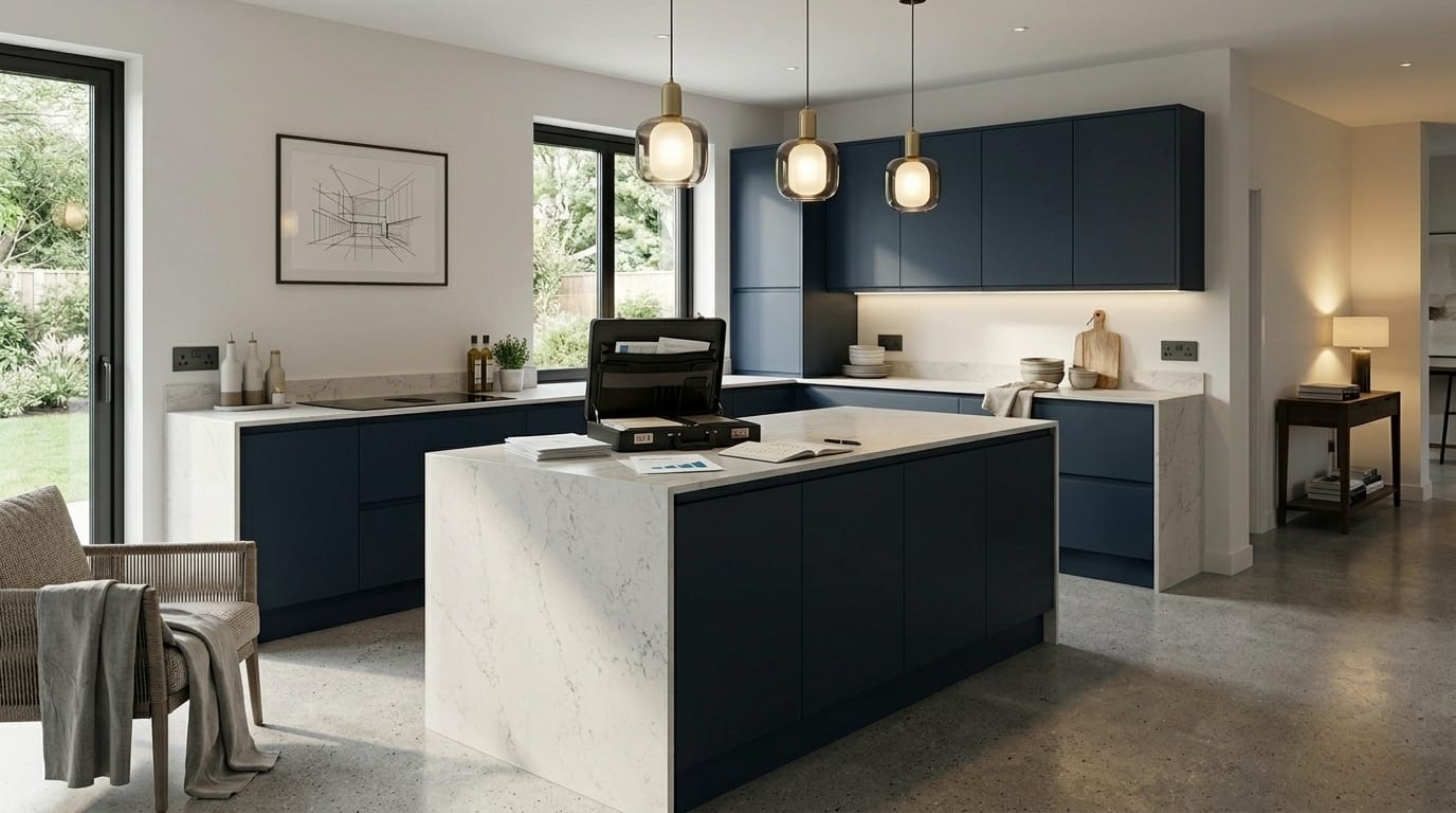 navy blue kitchen units with white marble island and pendant lights