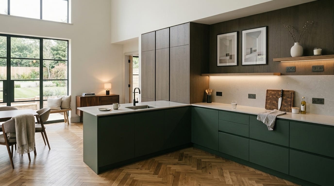 hero2_1200x675-502 Modern Mastercraft kitchen with matte green units and wood herringbone floor