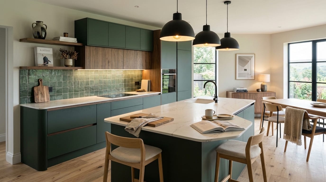 green kitchen units with wood accents, marble island and pendant lights