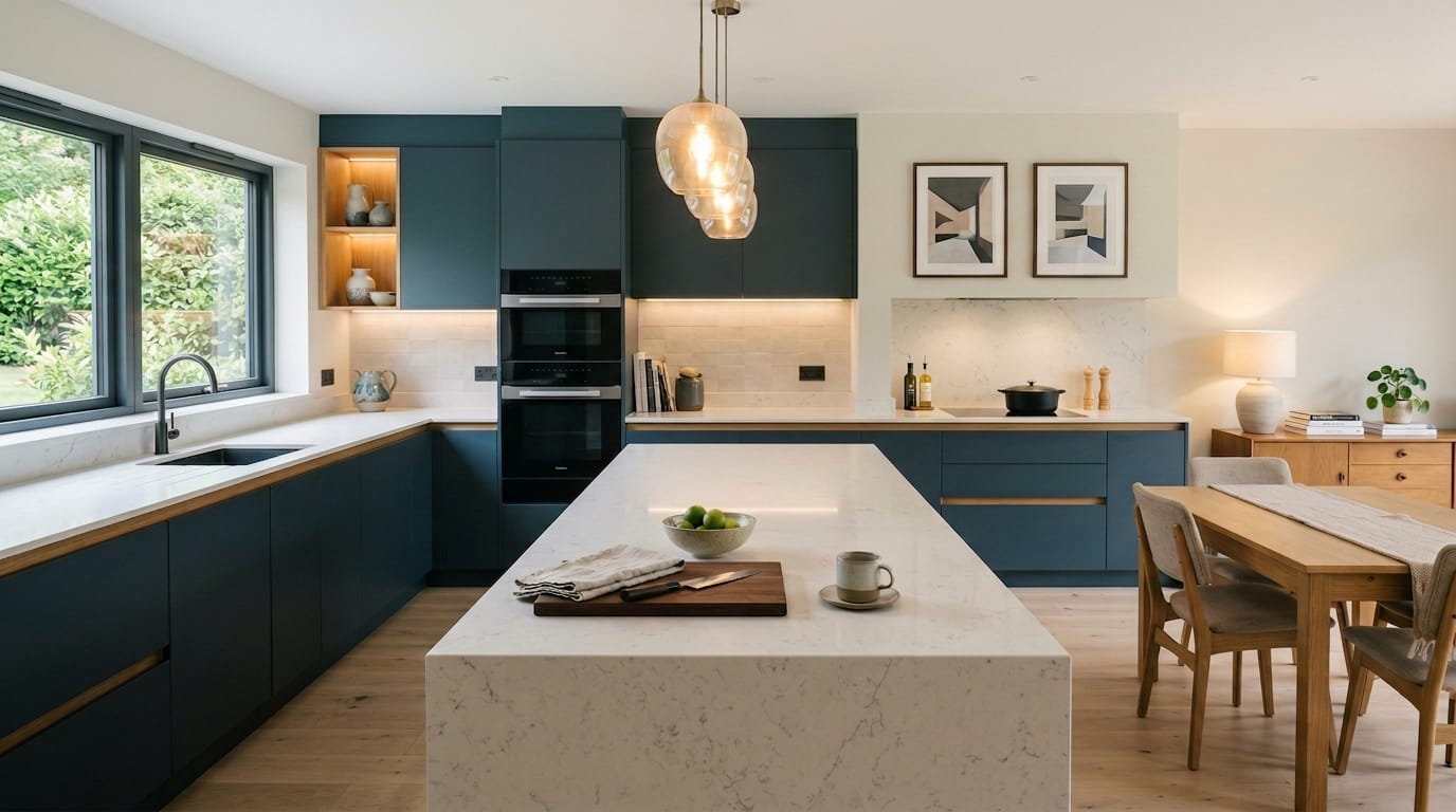 hero2_1200x675-505 Matte navy cabinets with white marble island and pendant glass lights