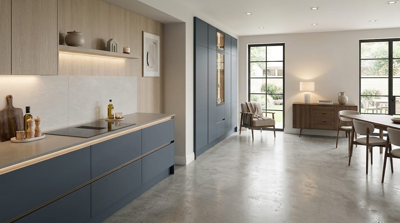 matte blue handleless units with light wood accents and large black-framed windows