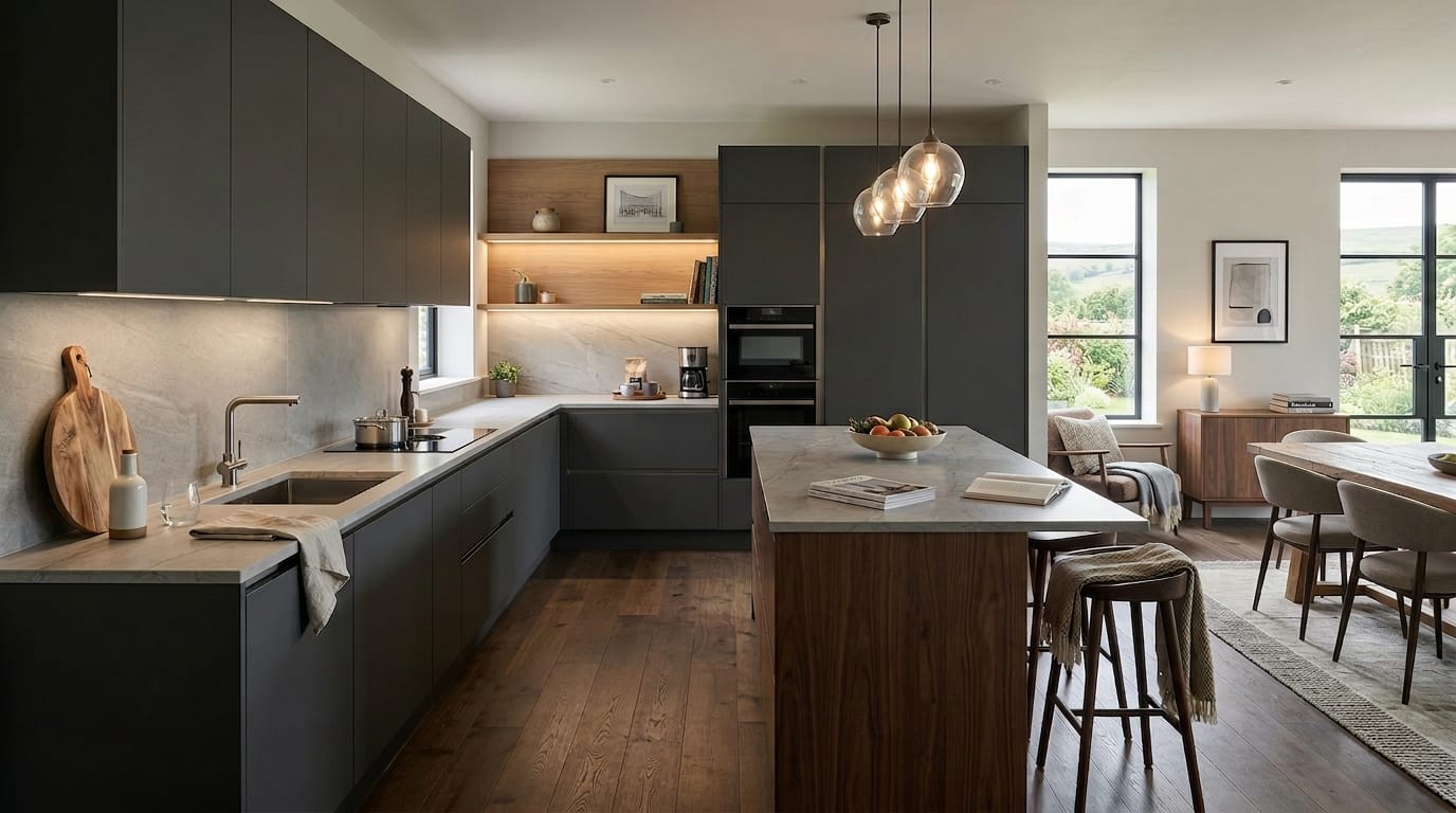 matte dark cabinets, marble worktops, walnut island, pendant glass lights, open shelving