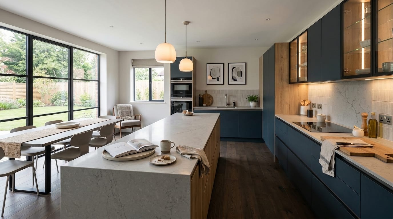 hero2_1200x675-508 Mastercraft bespoke kitchen design, wide architectural view showing room volume and design quality