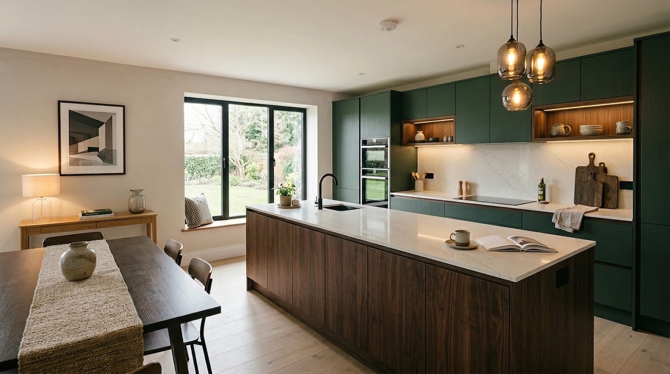 hero2_1200x675-509 Mastercraft bespoke kitchen in Llandysul, wide architectural view showing room volume and design quality
