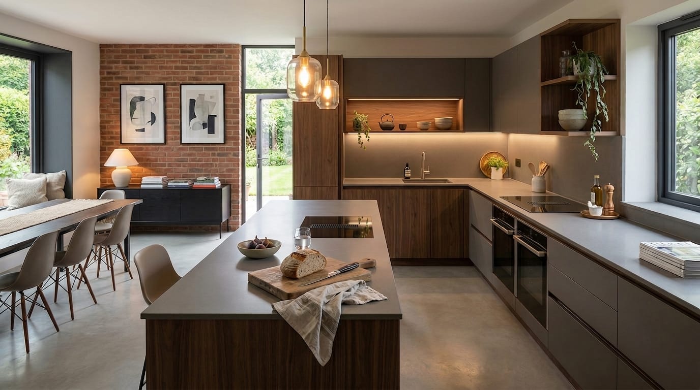 Mastercraft bespoke kitchen in Long Ashton, wide architectural view showing room volume and design quality