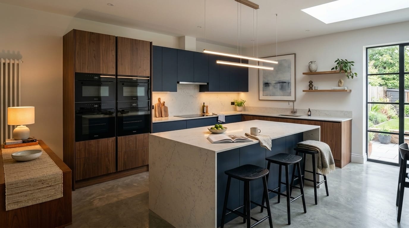 Modern Mastercraft kitchen with navy units, wood accents and marble island
