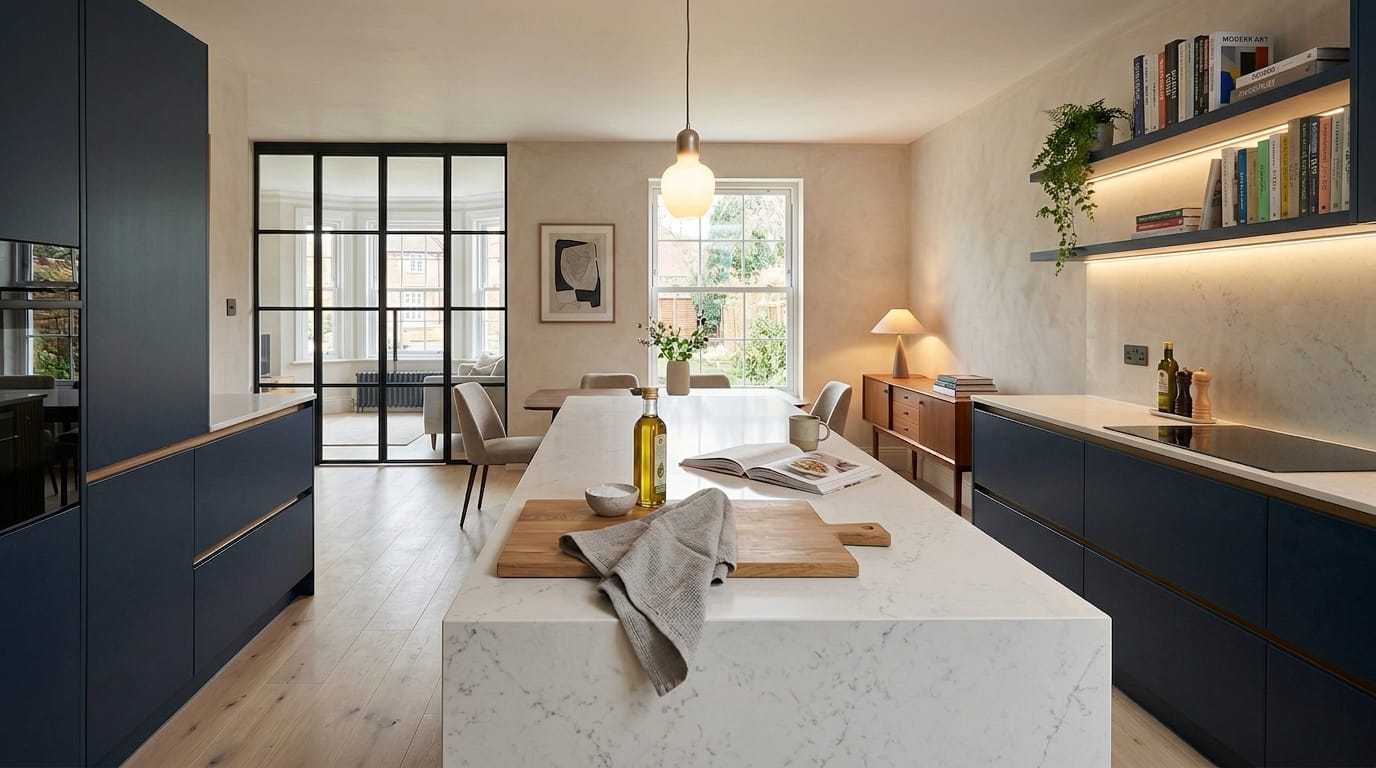 Modern kitchen with navy units, marble island and open shelving with books