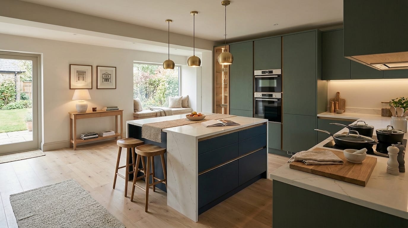 hero2_1200x675-513 modern kitchen with green cabinets, marble island, gold pendant lights