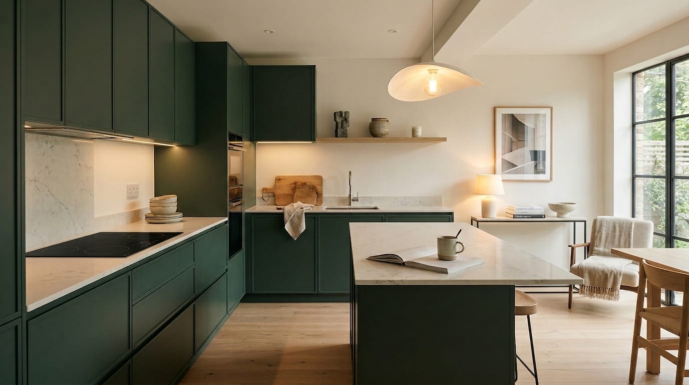 Dark green units with white marble worktops and minimalist open shelving