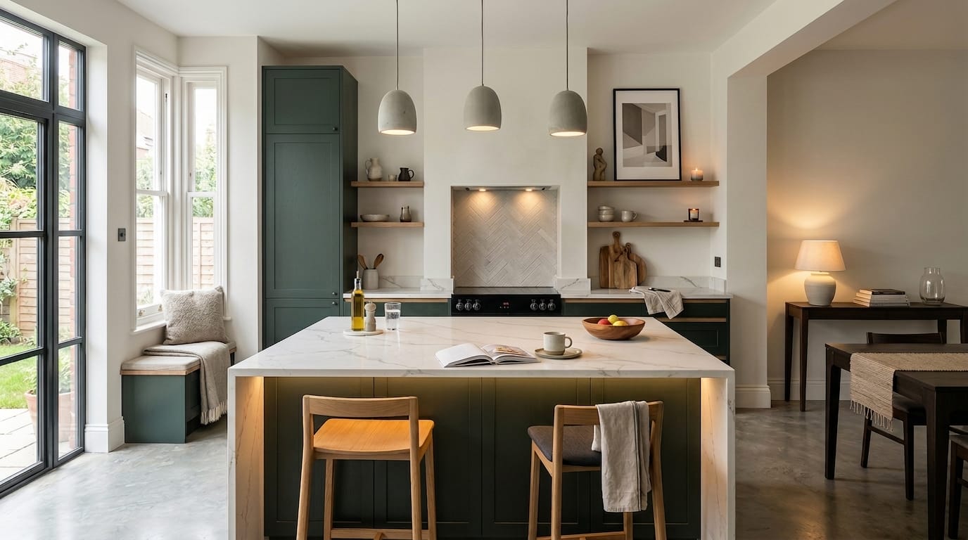 Mastercraft bespoke kitchen in Roath, wide architectural view showing room volume and design quality