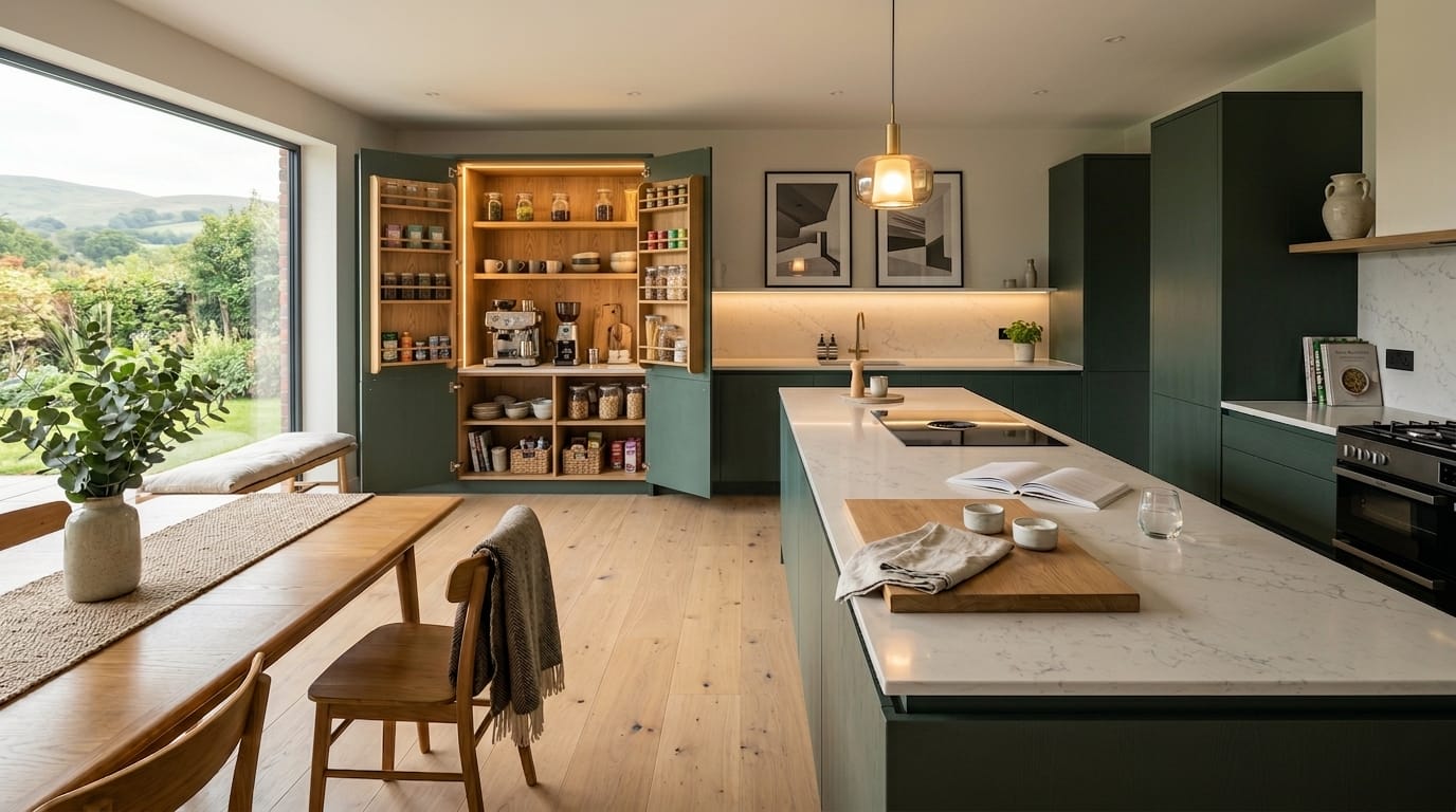 modern kitchen with dark green units, open larder and marble worktops