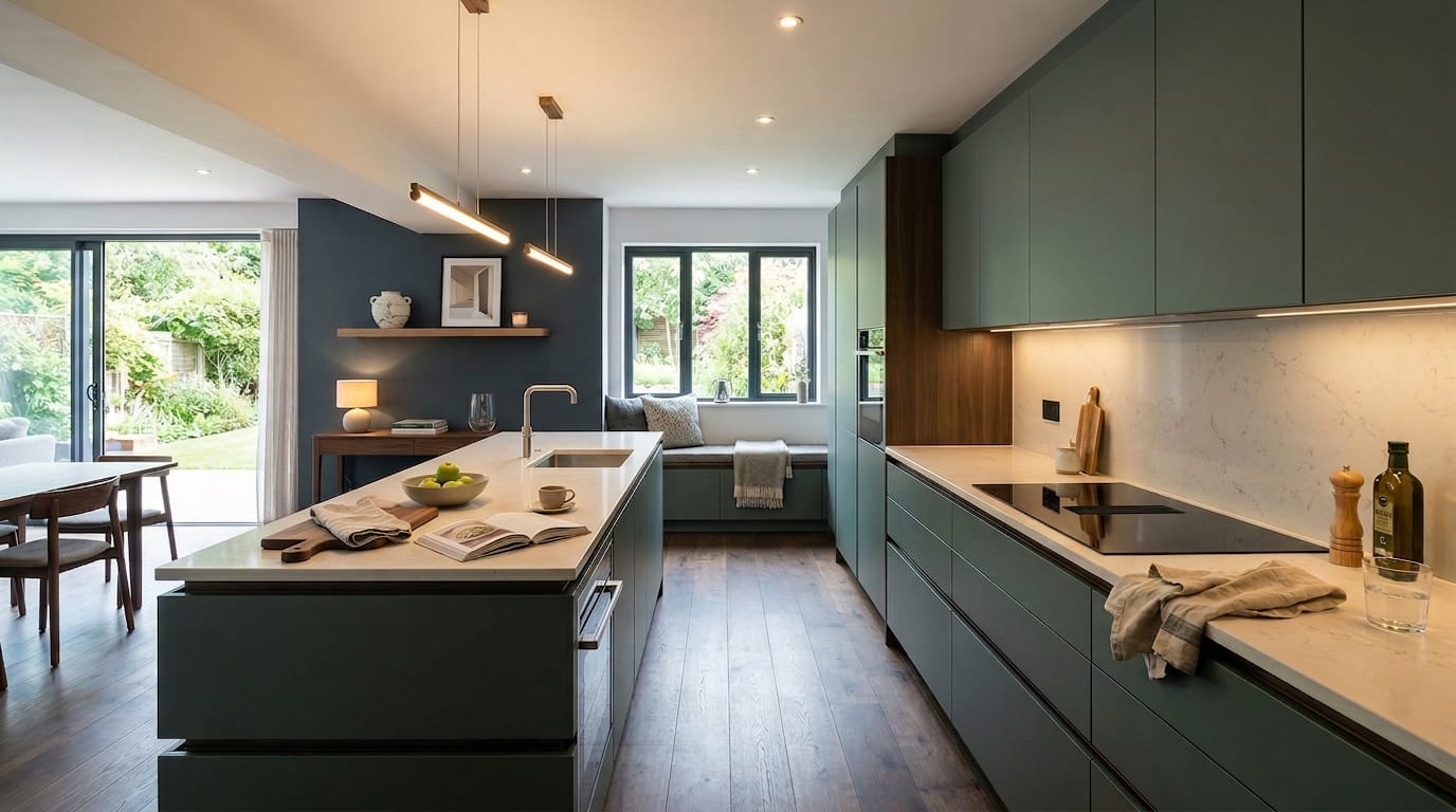 hero2_1200x675-517 matte green kitchen units with white worktops and wood flooring