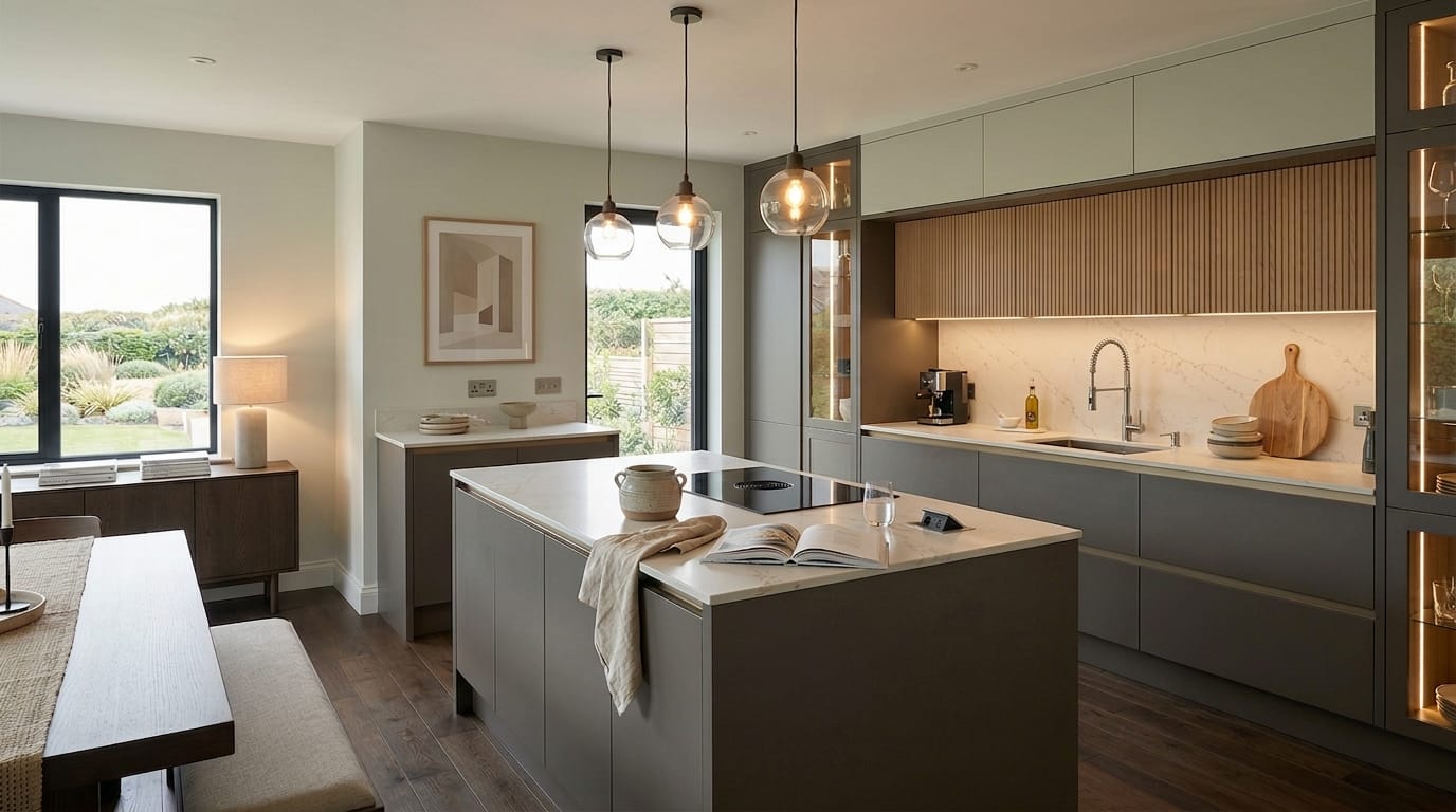 modern kitchen with grey units, marble worktops and globe pendant lights