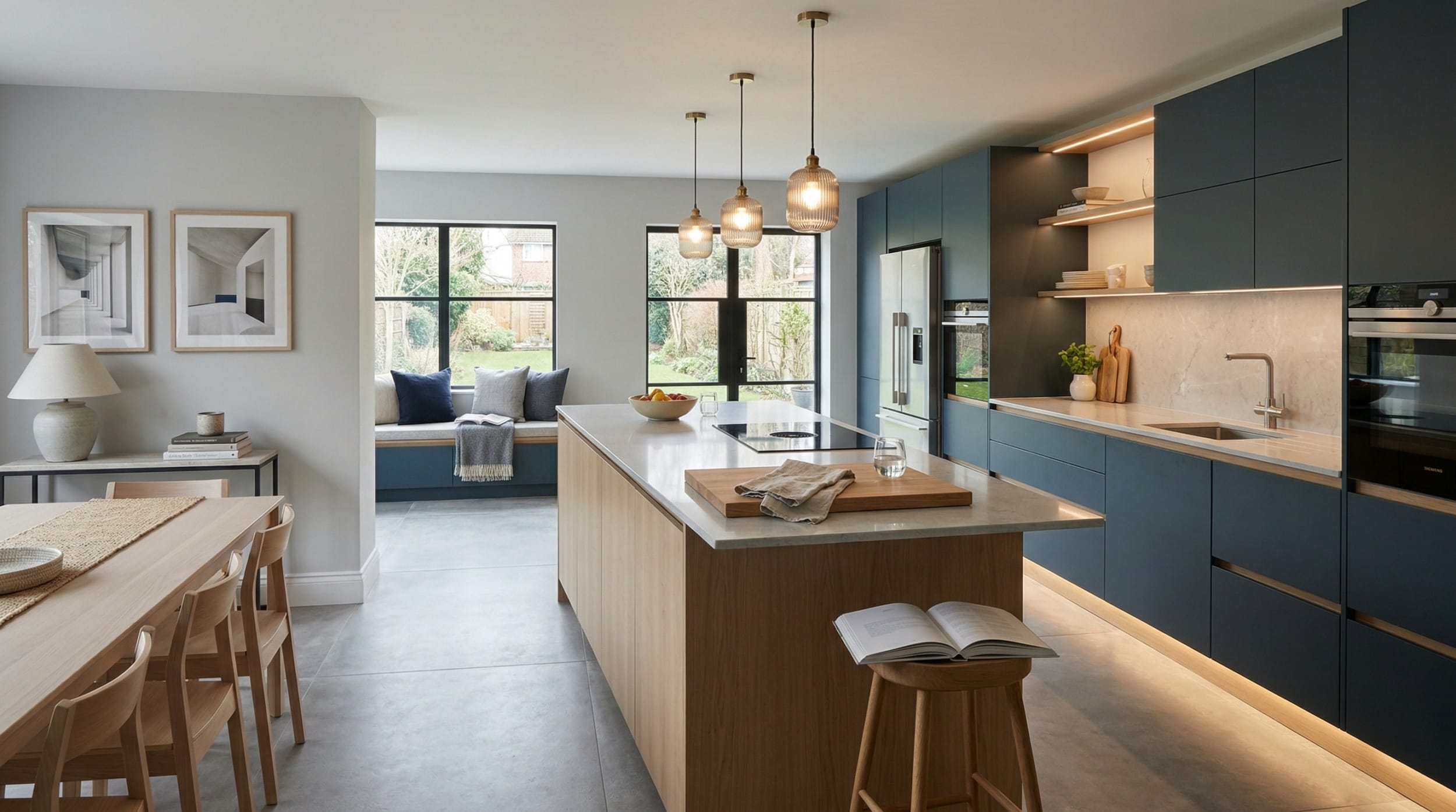 hero2_1200x675-519 modern kitchen with matte blue units, wood island, pendant lights and window seat