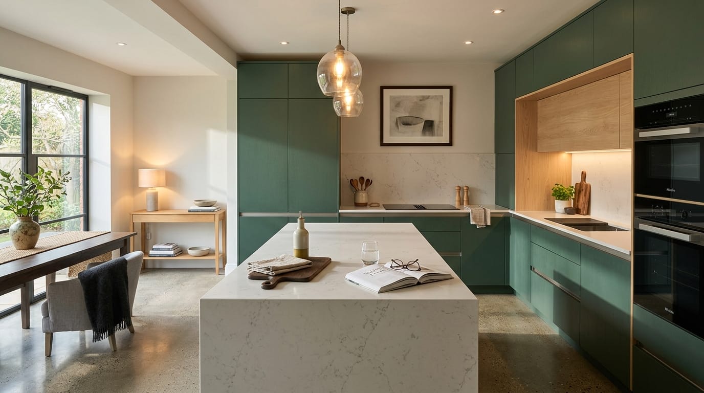 hero2_1200x675-52 Mastercraft bespoke kitchen in Framlingham, wide architectural view showing room volume and design quality