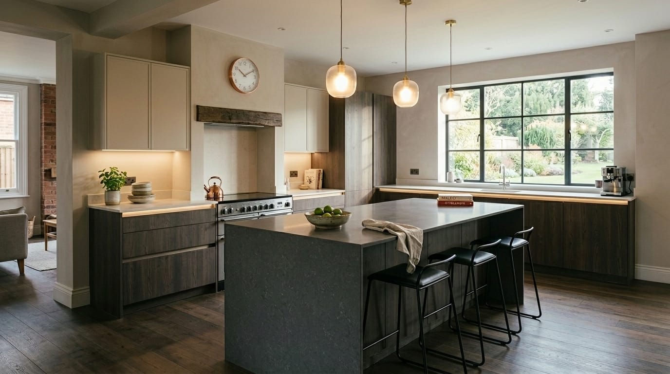 hero2_1200x675-520 Mastercraft bespoke kitchen in Shrewsbury, wide architectural view showing room volume and design quality