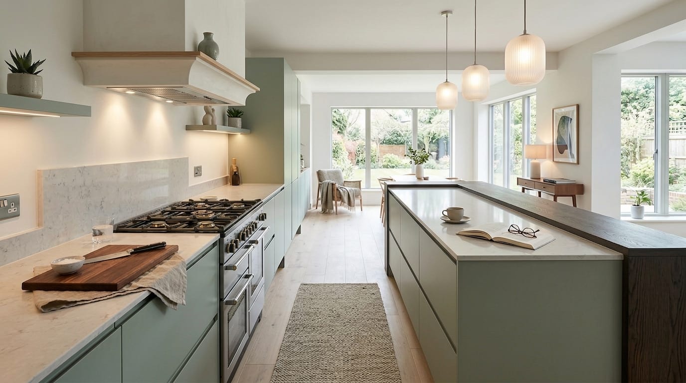 Mastercraft bespoke kitchen design, wide architectural view showing room volume and design quality